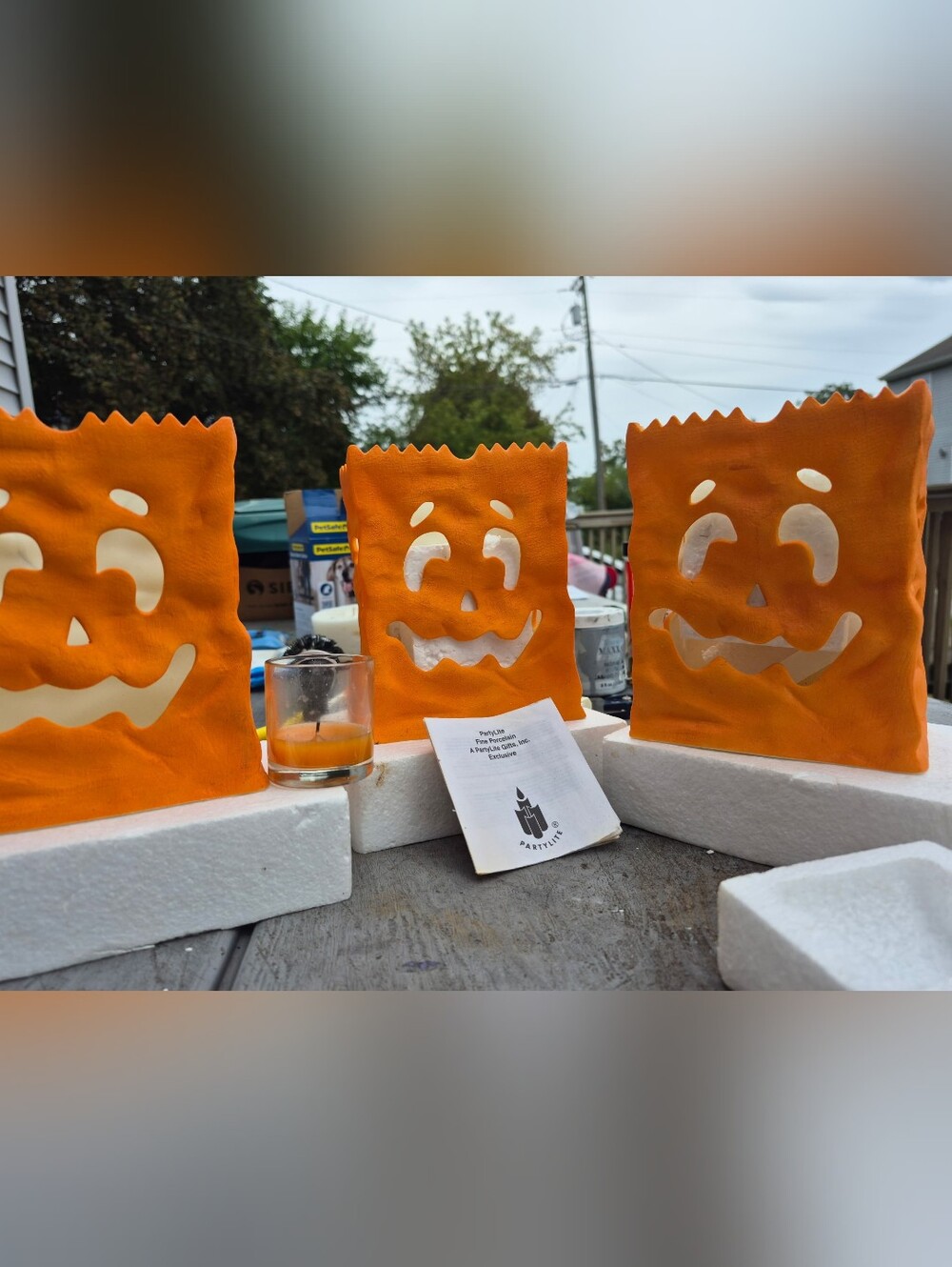PartyLite Halloween Jack O Lantern Porcelain Candle Holders Luminaries Set of 3
